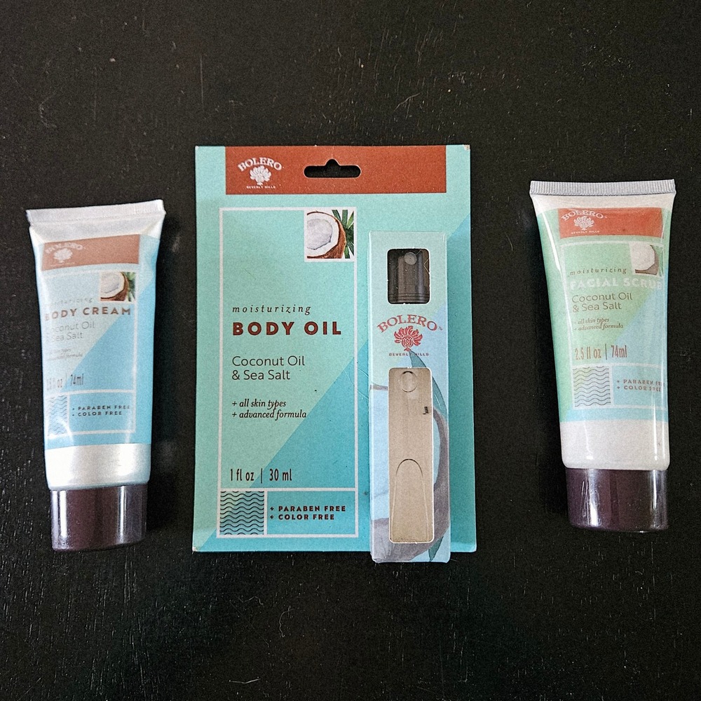 Bolero Beverly Hills Coconut Oil & Sea Salt Body Cream‎ Oil Facial Scrub Set NEW